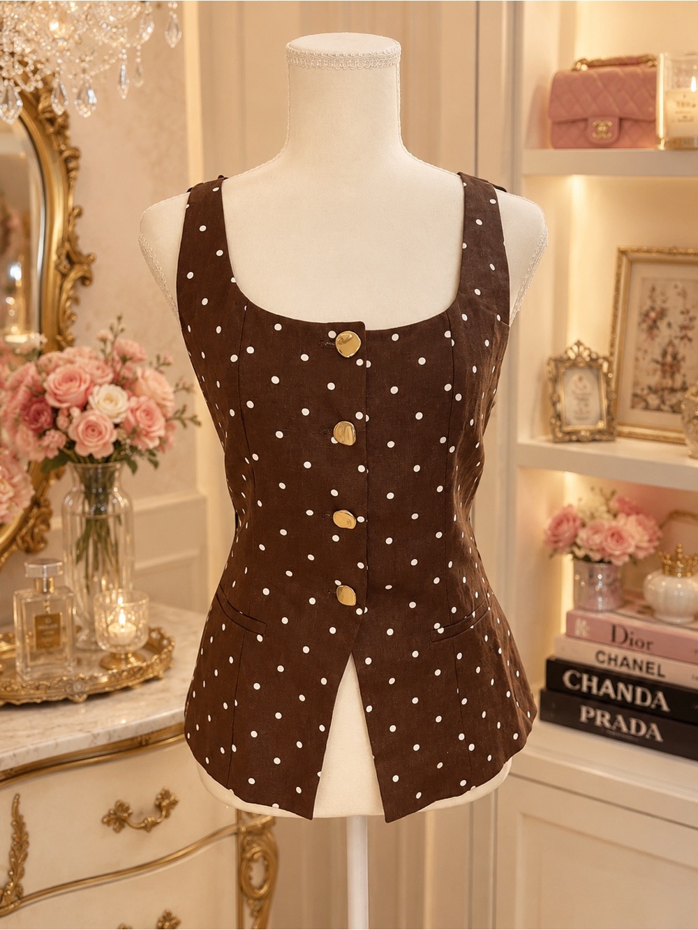 Love Tree Brown Polka Dot Button Front Vest Top – Size M